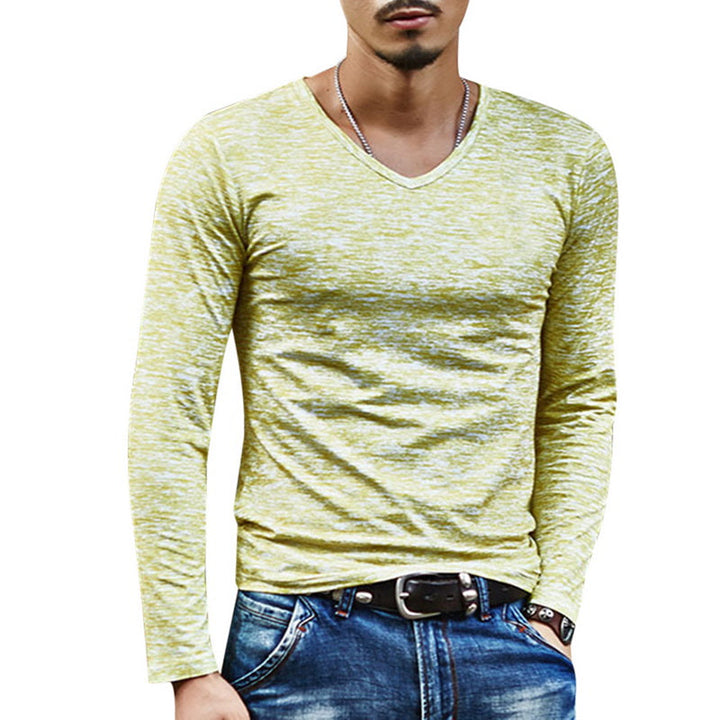 Elegancka męska koszulka z długim rękawem, melanżowa V-neck, casualowa odzież męska, idealna na różne okazje.