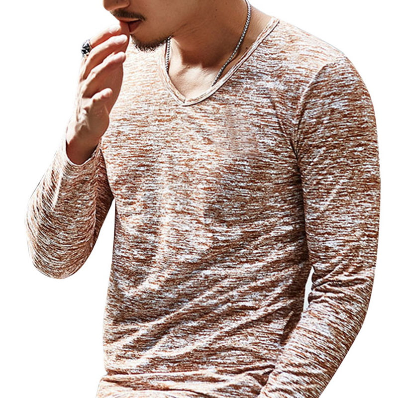 Stylowa męska koszulka melanżowa V-neck z długim rękawem, casualowa i dopasowana, na każdą porę roku.
