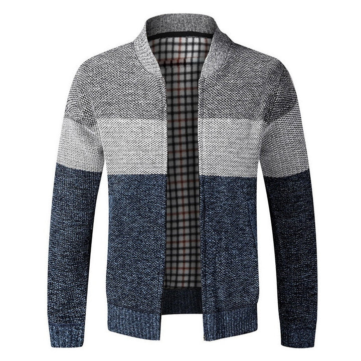 Męski sweter rozpinany w paski, elegancki i modny, idealny na co dzień. Wygodny, ze stójką.