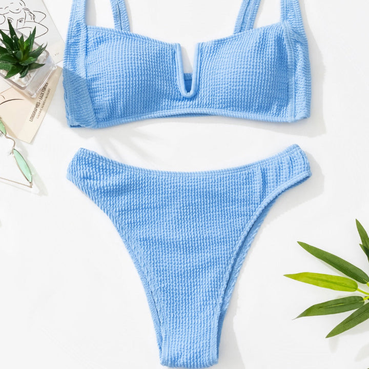 Dwuczęściowy strój kąpielowy bikini z wysokim stanem, prążkowany, w jaskrawych kolorach, na lato.