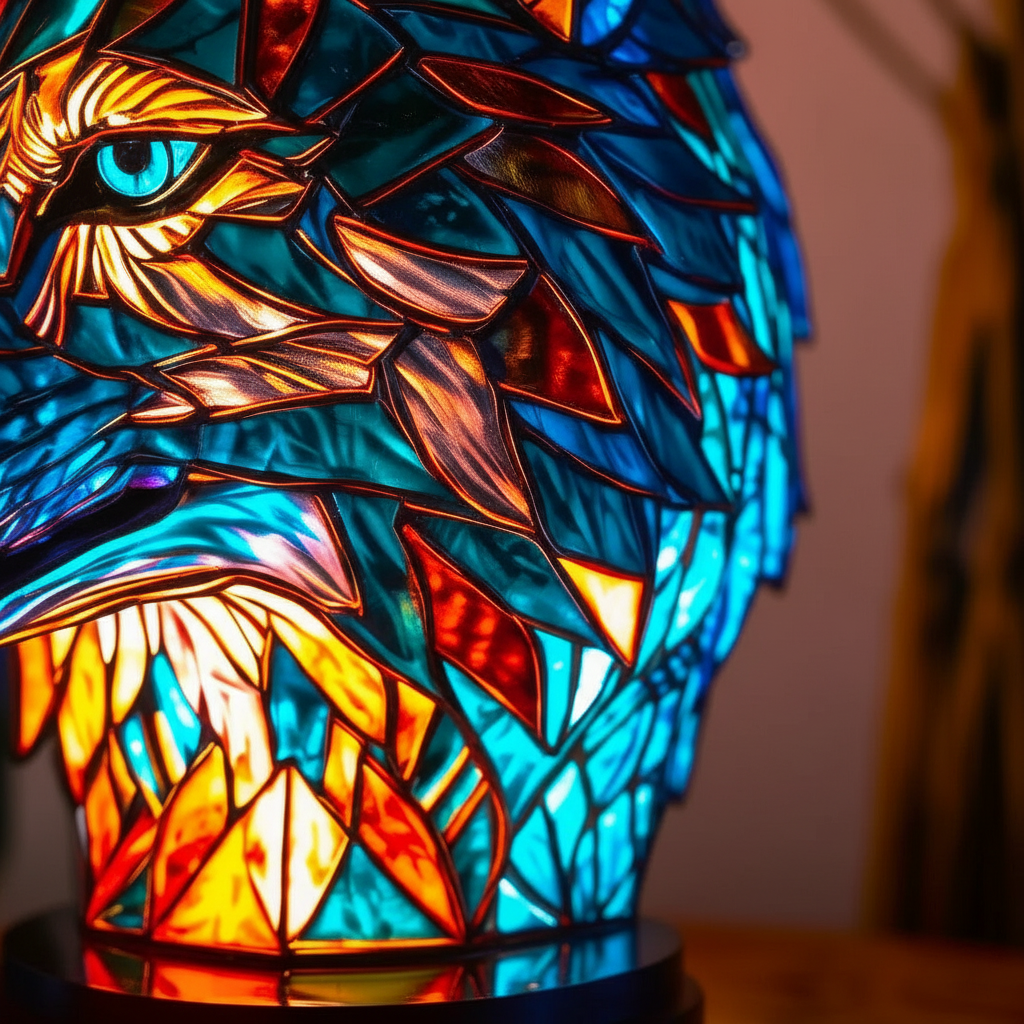 Wytworna mozaikowa lampa stołowa, ciepłe światło, design głowy zwierzęcia, unikalny akcent dekoracyjny.