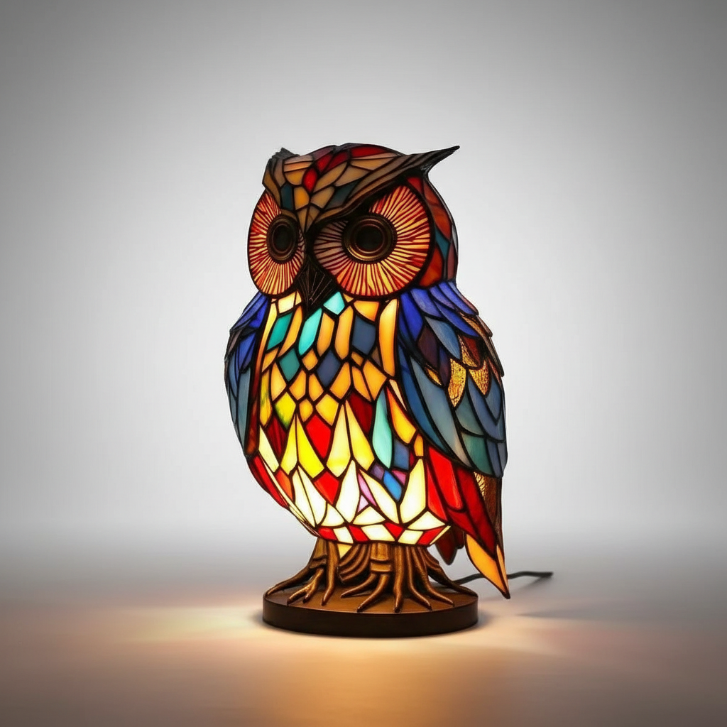 Stylowa lampa mozaikowa z głową zwierzęcia na stole, oświetlenie dodające charakteru i stylu wnętrzu.