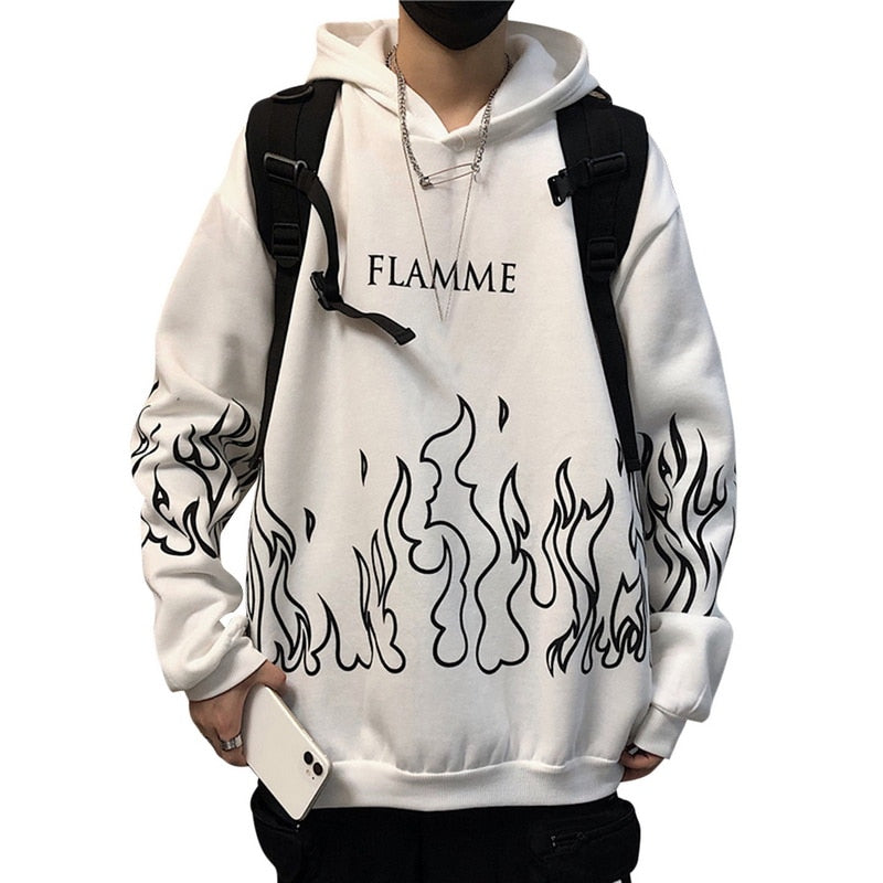Męska bluza z kapturem streetwear, z miękkiej dzianiny dresowej, z dynamicznym nadrukiem ognia i płomieni.