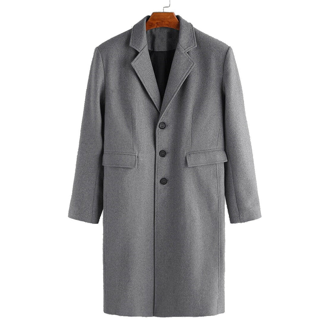 Elegancki długi płaszcz męski slim fit na jesień/zimę, z klasycznymi guzikami, idealny do modnych stylizacji.