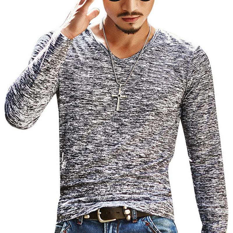 Męska koszulka melanżowa V-neck z długim rękawem, dopasowana, idealna do casualowych stylizacji.
