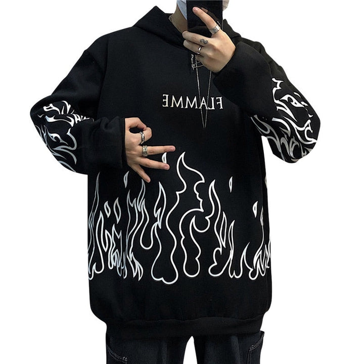 Komfortowa bluza męska z kapturem, z efektywnym motywem płomieni. Idealna do miejskich stylizacji streetwear.