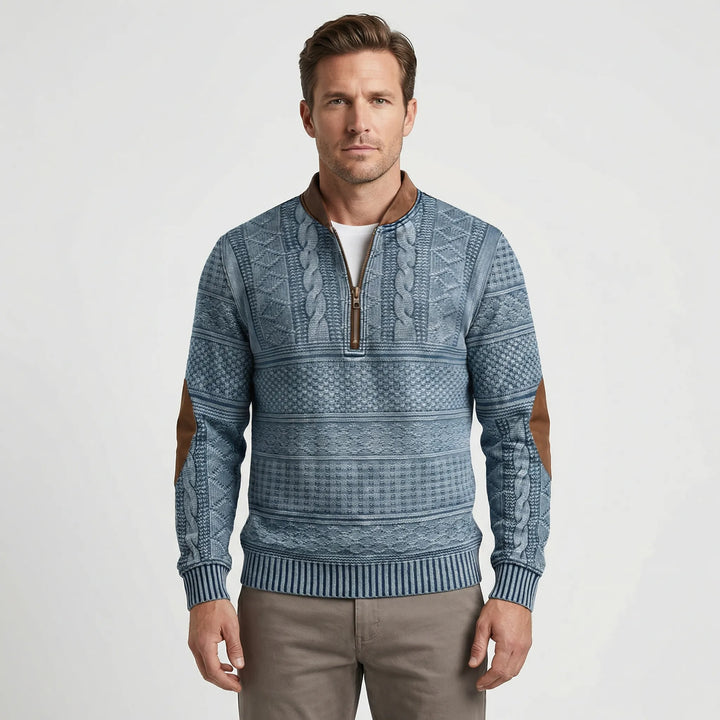 Elegancki męski sweter z zamkiem 1/4. Wygodny sweter ze stójką do stylowych stylizacji męskich.