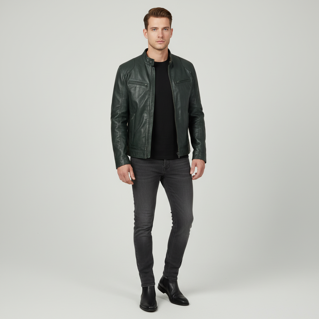 Kurtka męska Spencer slim fit, czarna skóra. Idealna na wiosnę i jesień, szykowna, casualowa odzież.