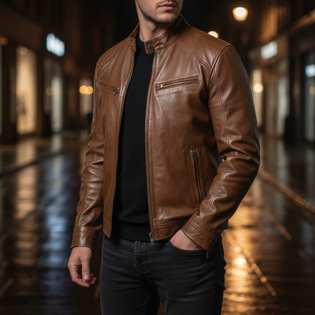 Męska kurtka Spencer slim fit, czarna skóra, idealna na wiosnę. Szykowny styl miejski.