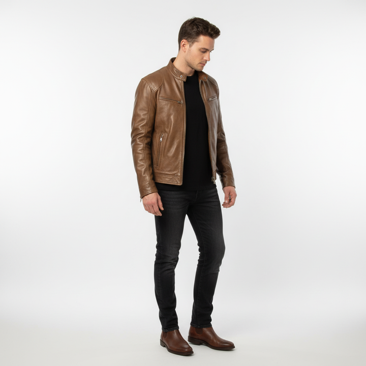 Czarna skórzana kurtka męska slim fit Spencer. Ponadczasowa, elegancka, do casualowych stylizacji.