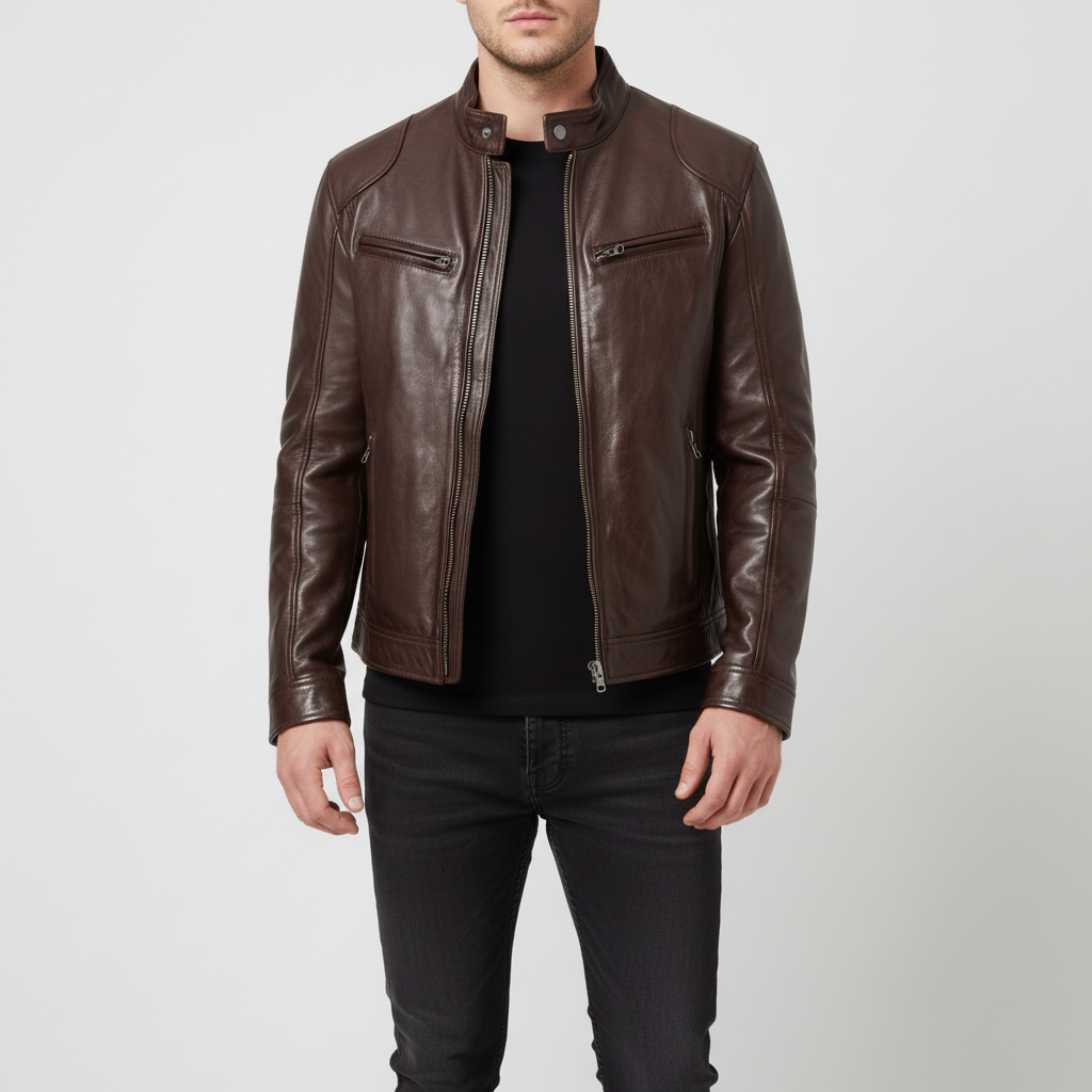 Czarna kurtka skórzana męska Spencer, slim fit. Zamek błyskawiczny, kołnierz stójka, stylowa odzież męska.