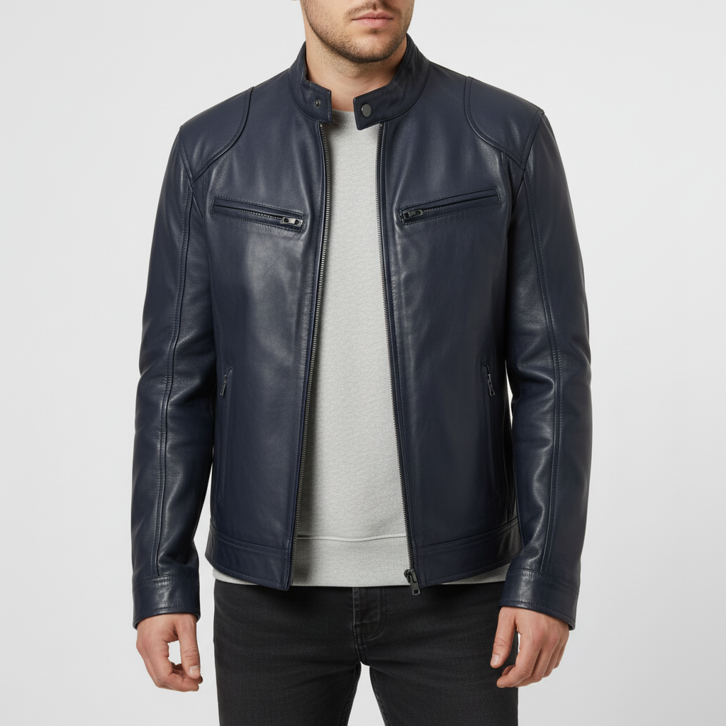 Ponadczasowa męska kurtka skórzana Spencer slim fit. Elegancka, pasuje do wielu outfitów, moda męska na lata.