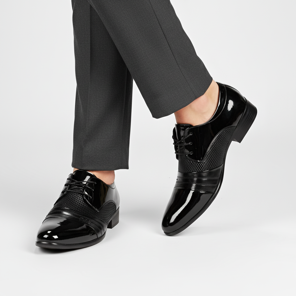 Eleganckie męskie buty sznurowane ze szpicem. Klasyczne, formalne obuwie wizytowe na specjalne okazje.