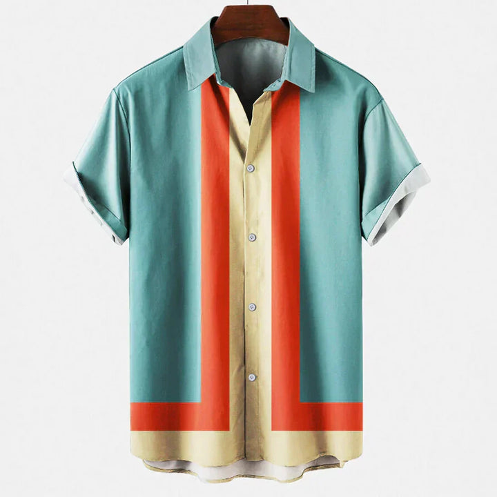 Retro męska koszula letnia z krótkim rękawem, wzór w paski. Luźny krój, komfortowa. Moda casual męska.