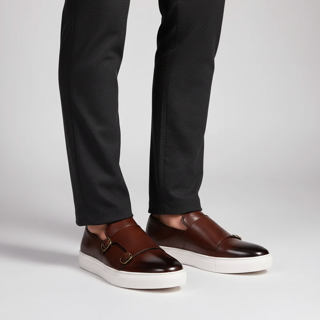 Męskie eleganckie buty skórzane z podwójnymi klamrami. Klasyczne obuwie na co dzień i formalne wyjścia.
