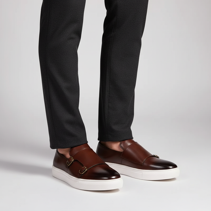Męskie eleganckie buty skórzane z podwójnymi klamrami. Klasyczne obuwie na co dzień i formalne wyjścia.