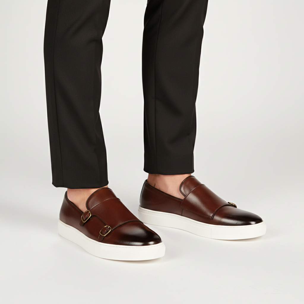 Komfortowe, brązowe buty męskie z klamrami, w stylu monk strap. Idealne do garnituru i eleganckich stylizacji.