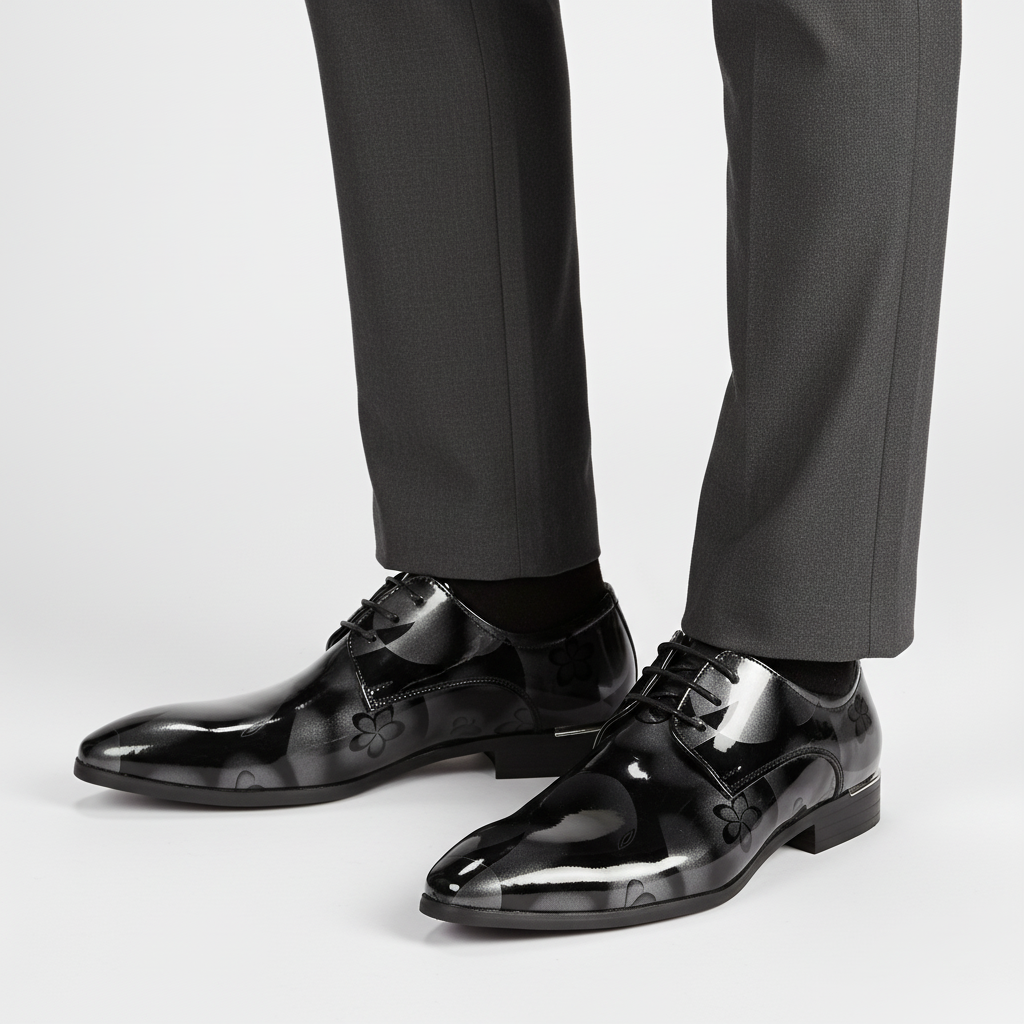 Buty męskie Hugh z komfortową wkładką i premium skórą. Stylowe, eleganckie obuwie biznesowe z wzorem na co dzień.