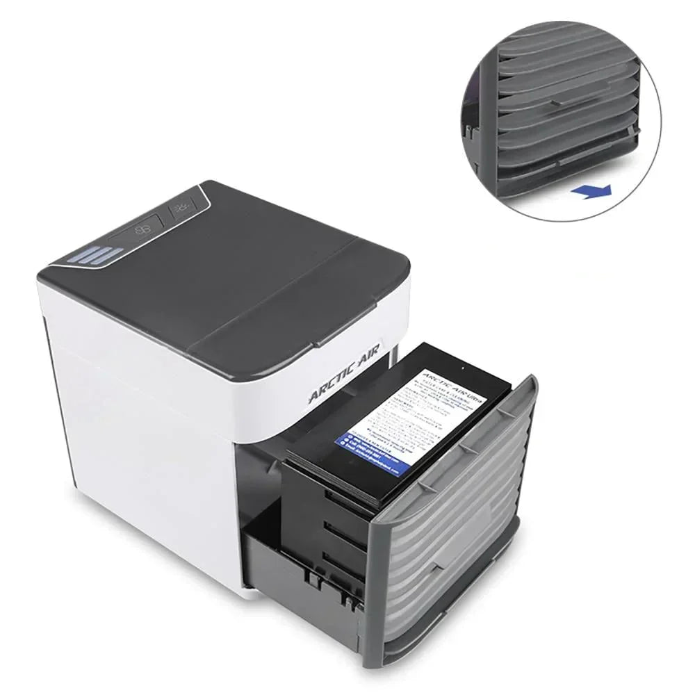 Mini klimatyzator z podświetleniem LED, zasilany USB. Oczyszcza powietrze, idealny na lato.