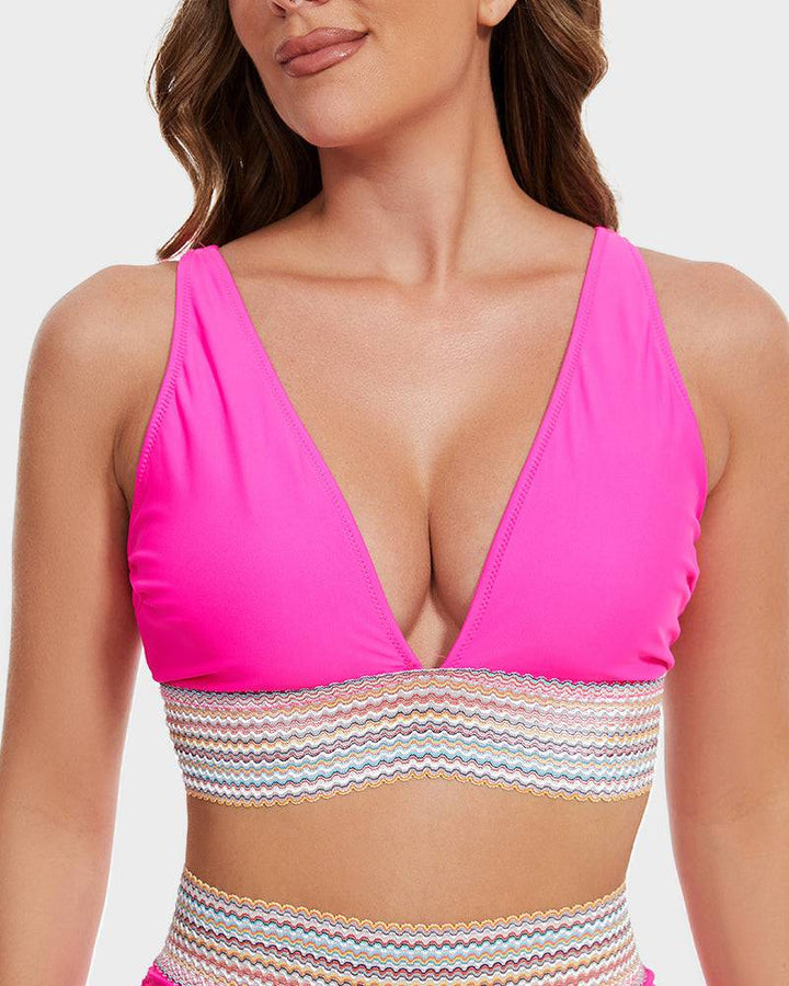 Damskie bikini z wysokim stanem, komfortowy strój kąpielowy color block, na wakacje.