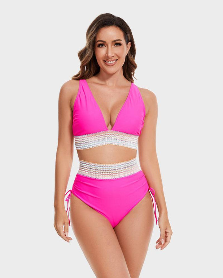 Komfortowe damskie bikini z wysokim stanem, strój kąpielowy color block, na lato.