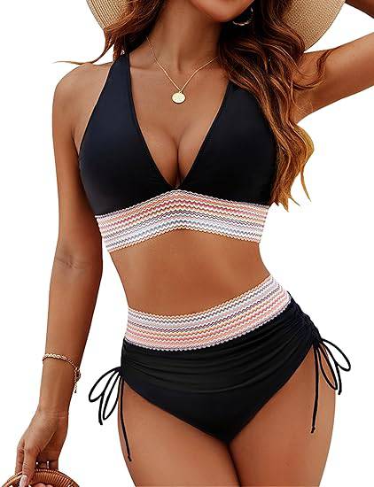 Komfortowe damskie bikini z wysokim stanem, strój kąpielowy color block, na urlop.