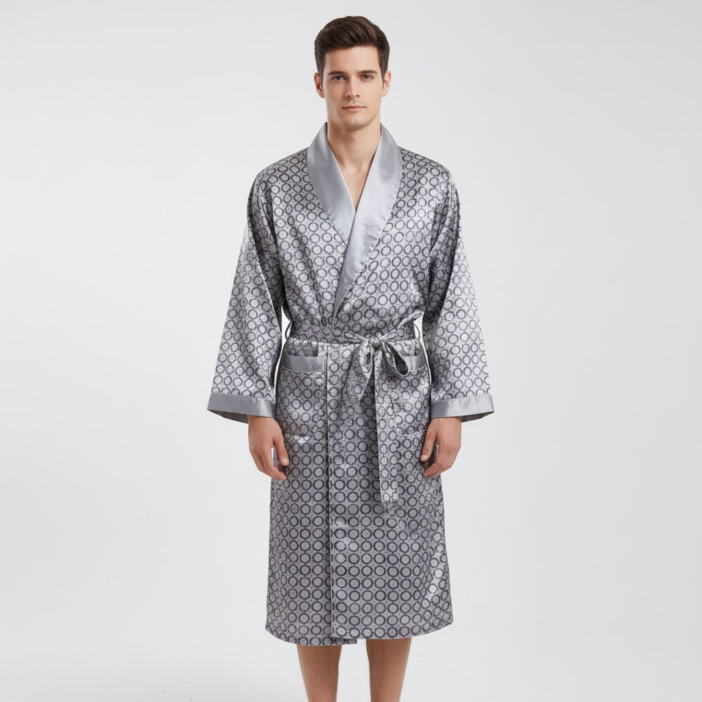 Mężczyzna w eleganckim, komfortowym szlafroku satynowym ze złotym wzorem. Idealny do relaksu w domu.