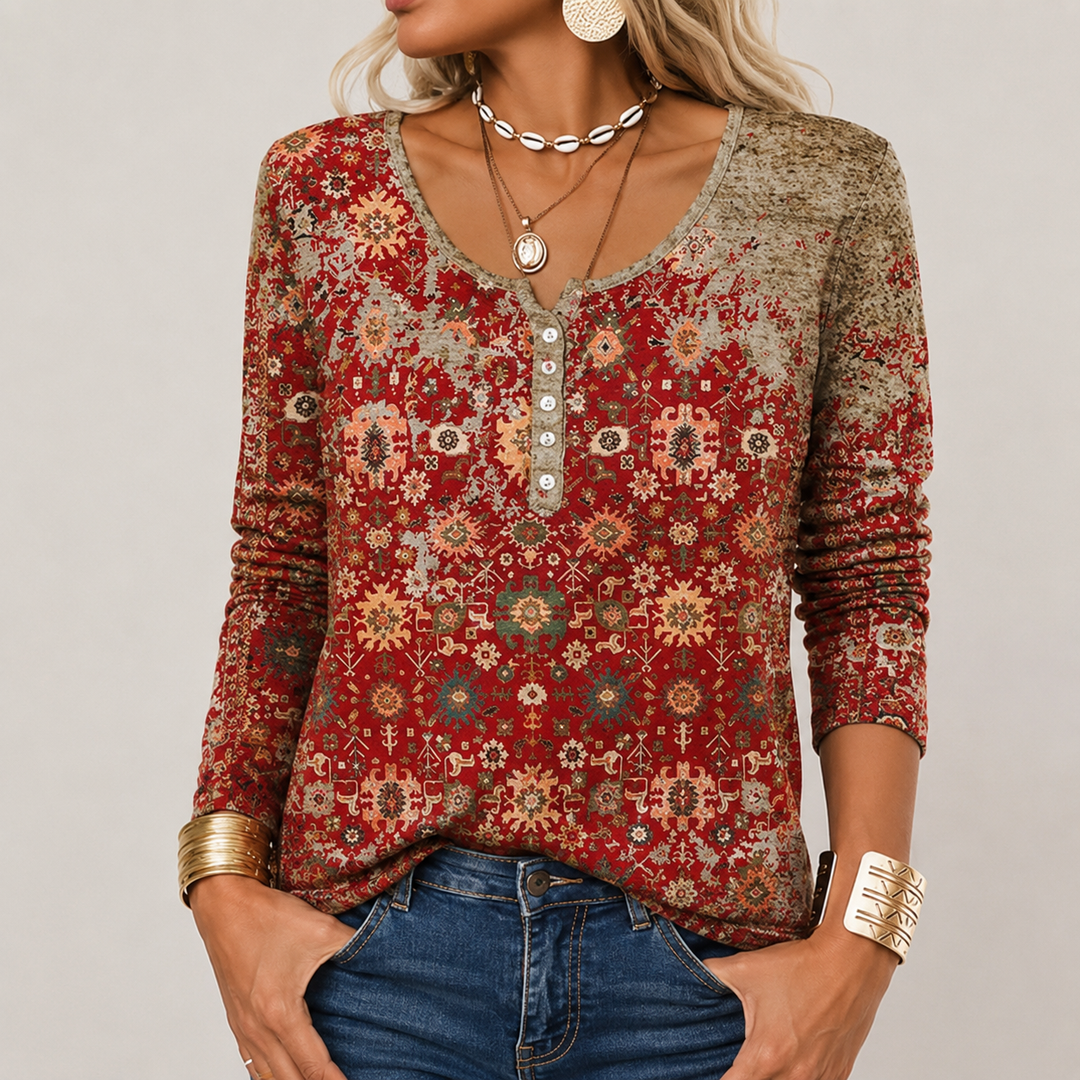 Damski sweter z azteckim wzorem, idealny na zimę i jesień. Ciepły, modny element stylizacji boho.