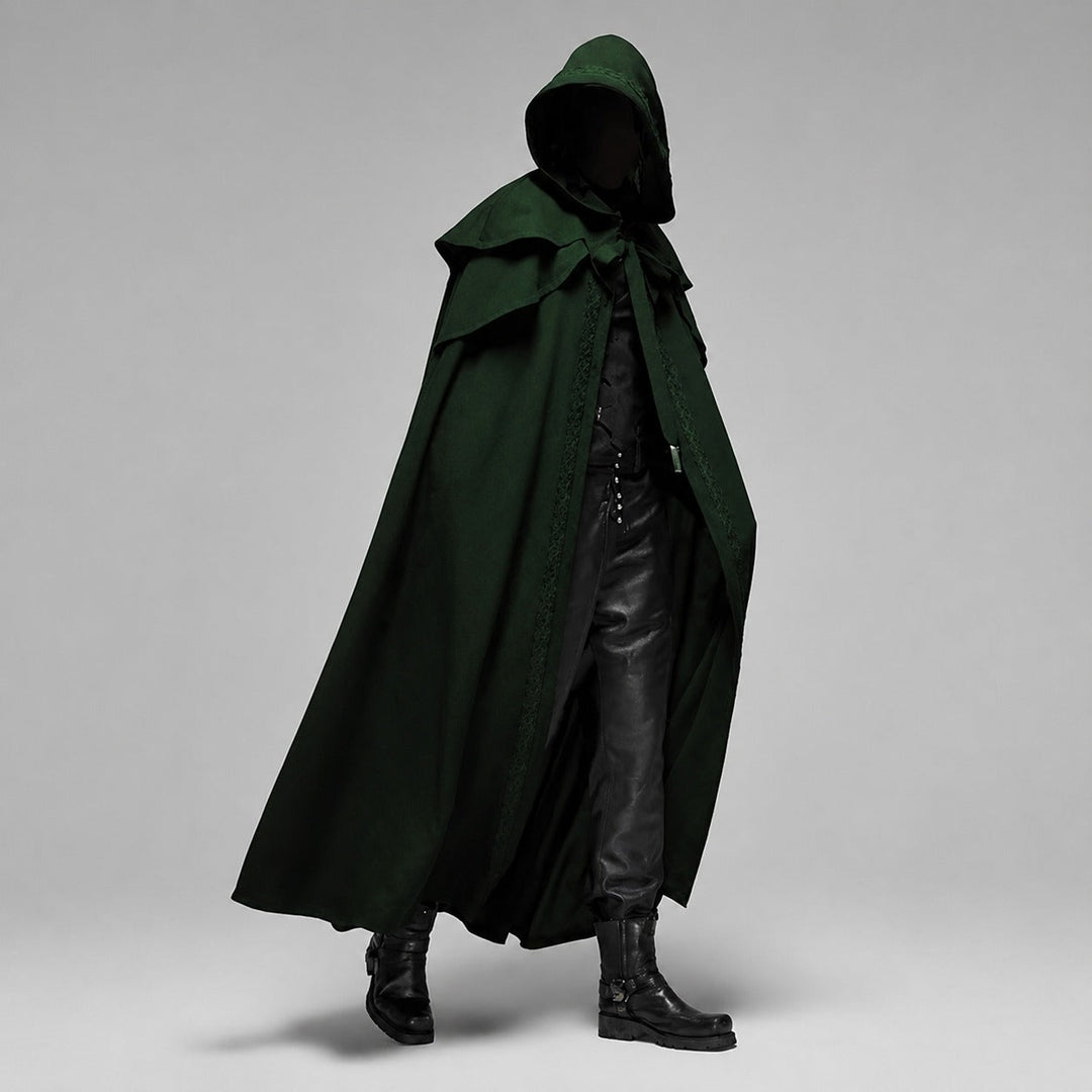 Stylowa gotycka peleryna męska z kapturem. Długi płaszcz Lucien, idealny do cosplayu i mody gotyckiej.