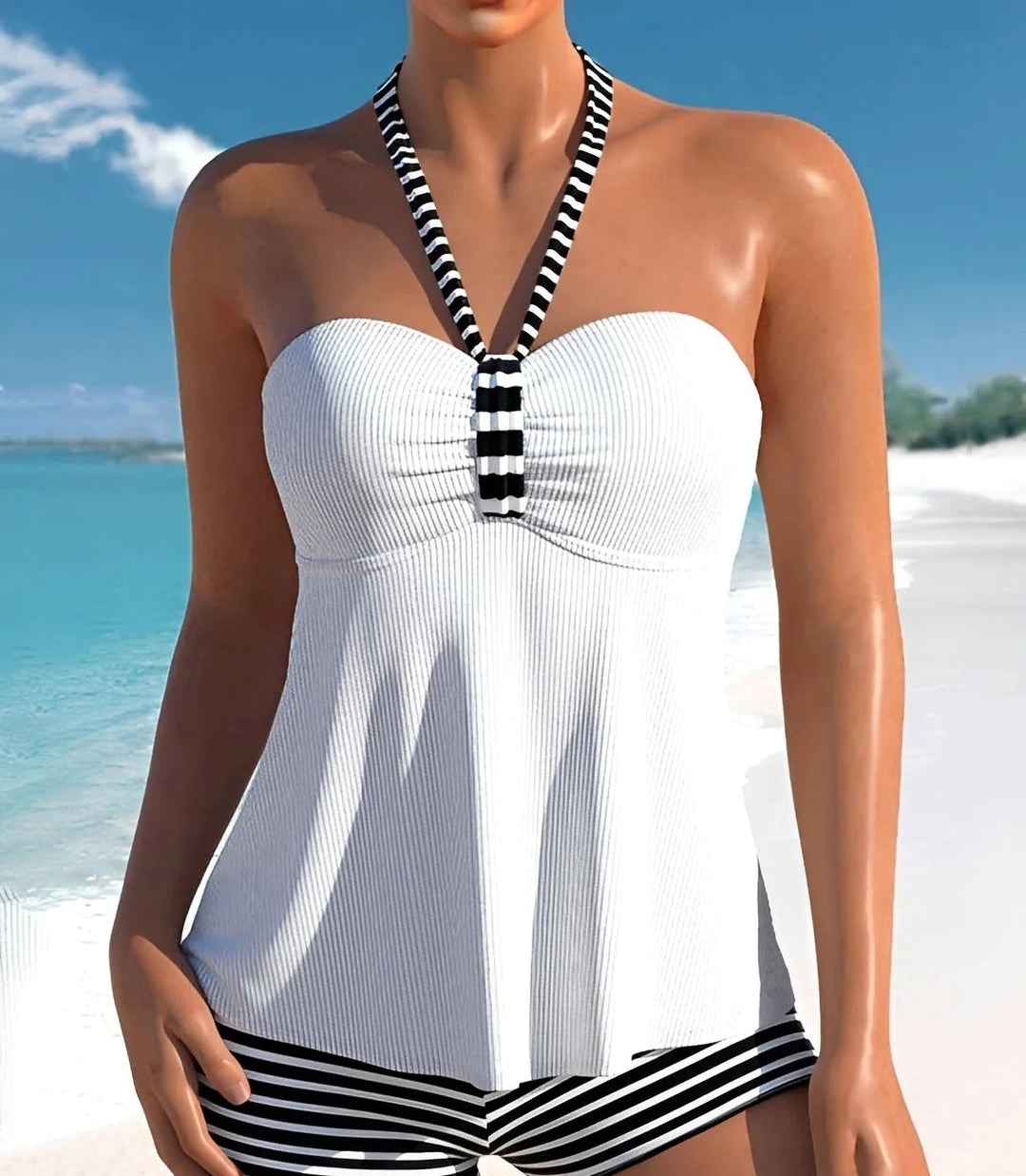 Damskie tankini halter, stylowy strój kąpielowy na lato i plażę. Modna odzież damska idealna na wakacje.