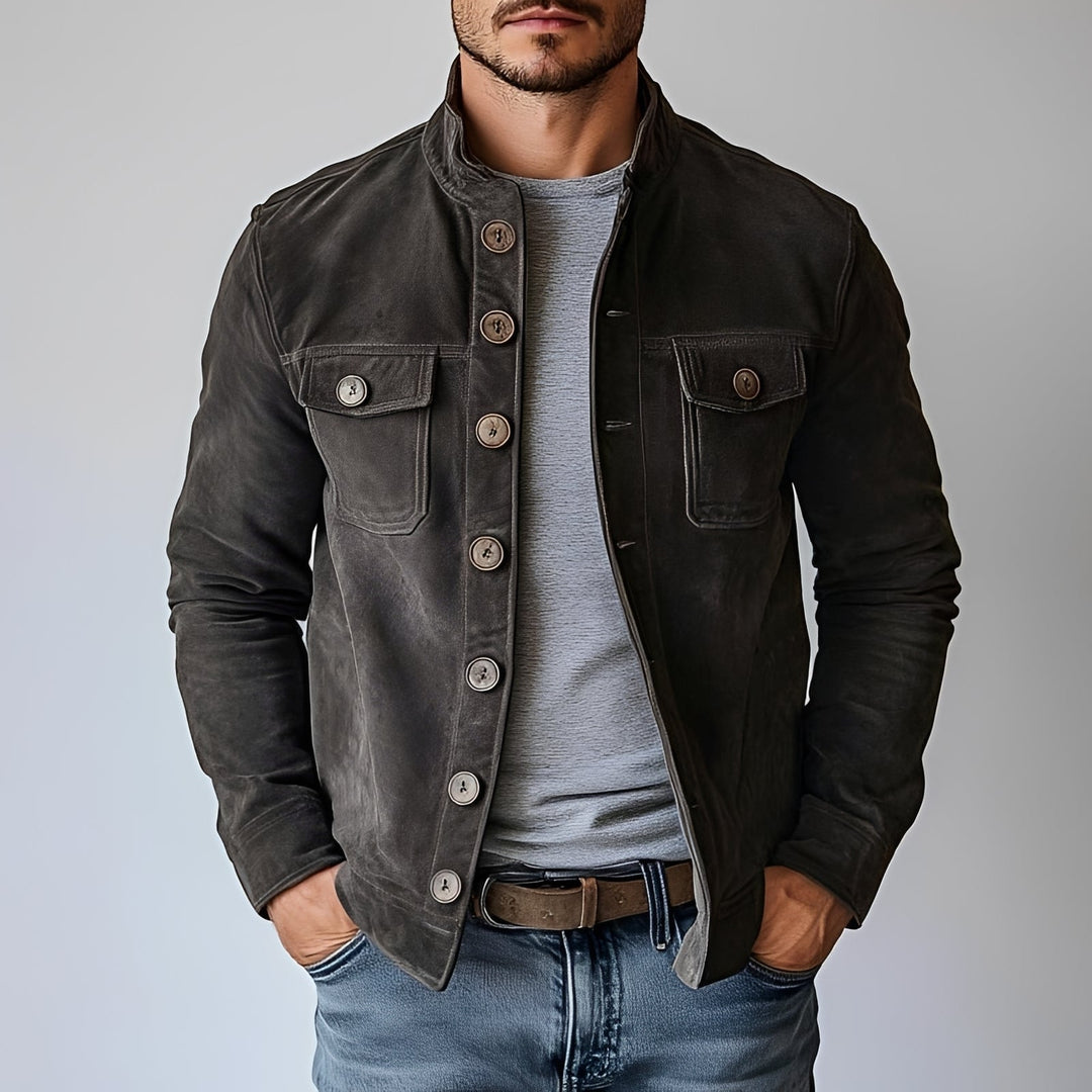 Męska jednorzędowa szara kurtka smart casual, idealna na co dzień i przejściowe pory roku.