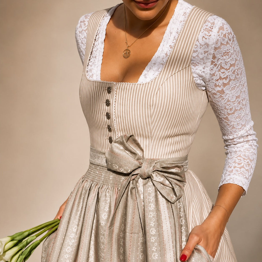 Sukienka Dirndl na Oktoberfest, klasyczny strój ludowy z kokardą. Odzież damska, sukienka bawarska midi.