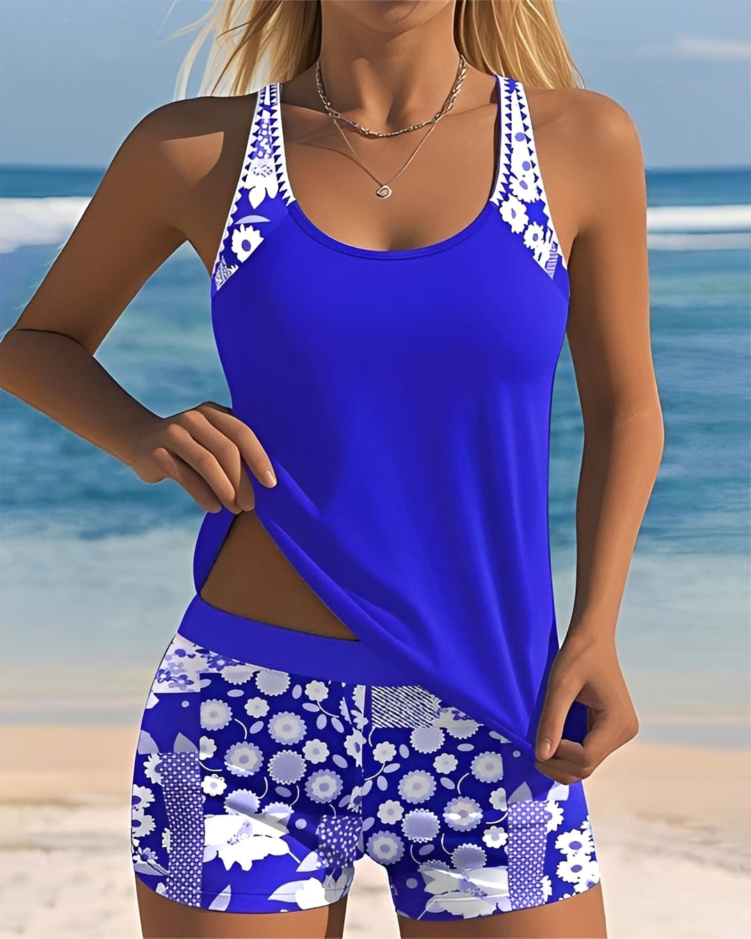Damski jednoczęściowy strój kąpielowy tank top, elegancki i komfortowy na letnią plażę.