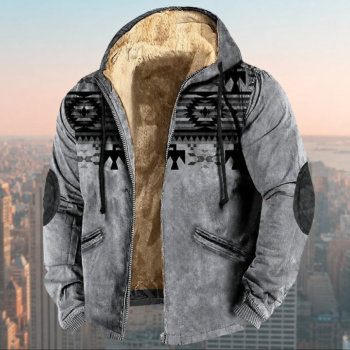 Bluza męska z kapturem i modnym wzorem tribal, podkreślająca swobodny styl. Idealna na festiwal lub streetwear.