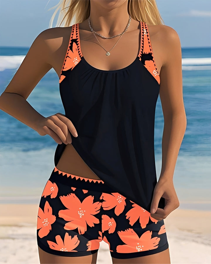Damski tankini z dekoltem U, kwiatowy wzór. Wygodny strój kąpielowy, idealny na plażę i modne lato.