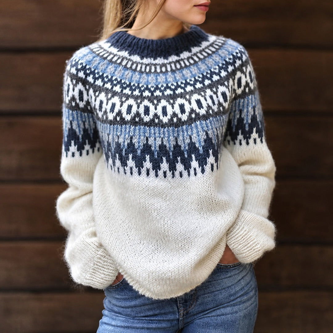 Ciepły damski sweter zimowy z modnym nordyckim wzorem, idealny na chłodne dni, komfortowy pulower casual.