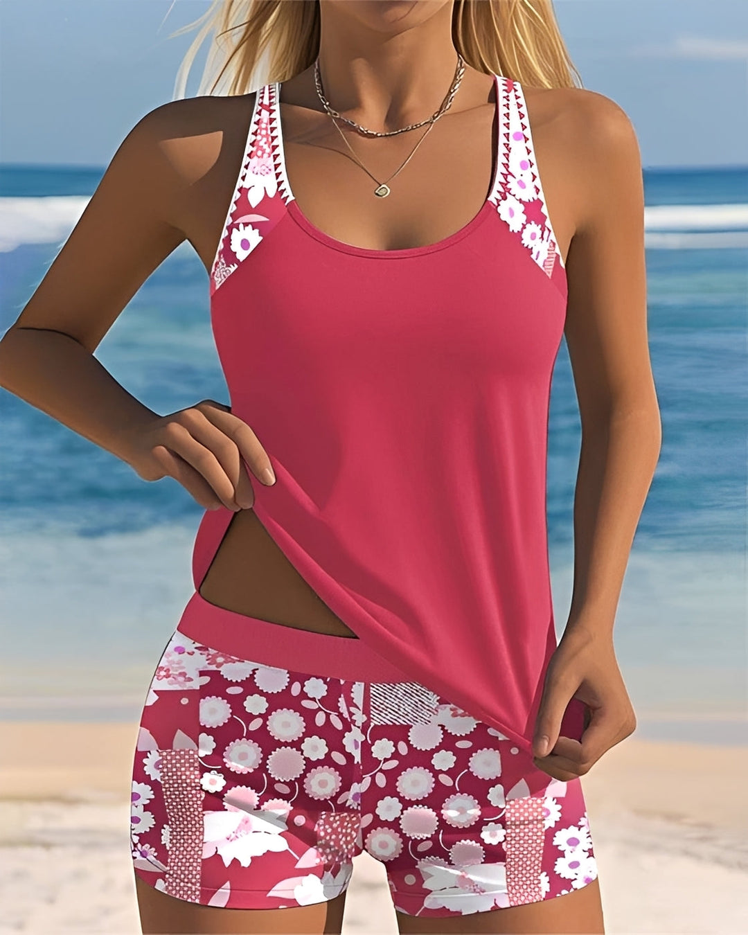 Komfortowy damski strój kąpielowy tank top, idealny na letnie wakacje i modę plażową.