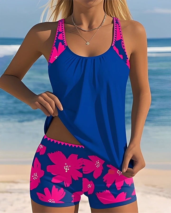 Kwiatowy damski tankini strój kąpielowy z dekoltem U. Modna moda plażowa na lato, basen i wakacje.