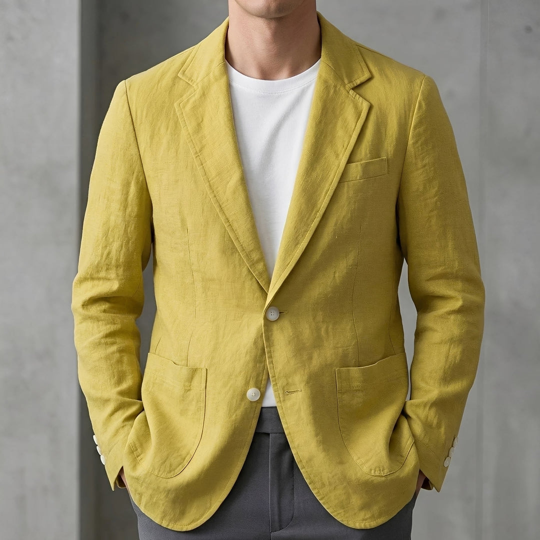Beżowa męska marynarka casual. Luźny krój na co dzień. Wygodna, elegancka moda męska.