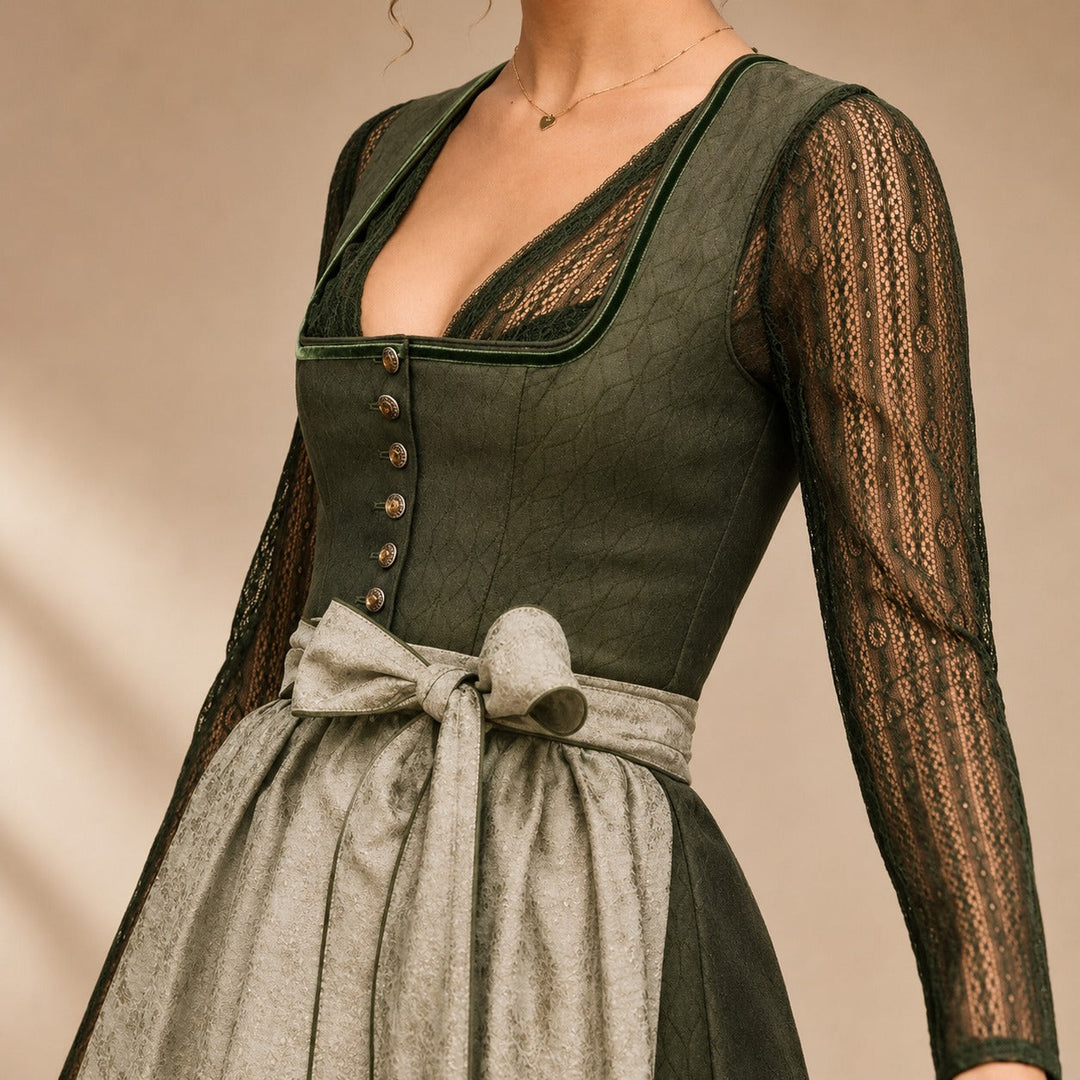 Tradycyjna sukienka Dirndl midi na Oktoberfest, z kokardą. Świetna sukienka damska na festyny i imprezy.