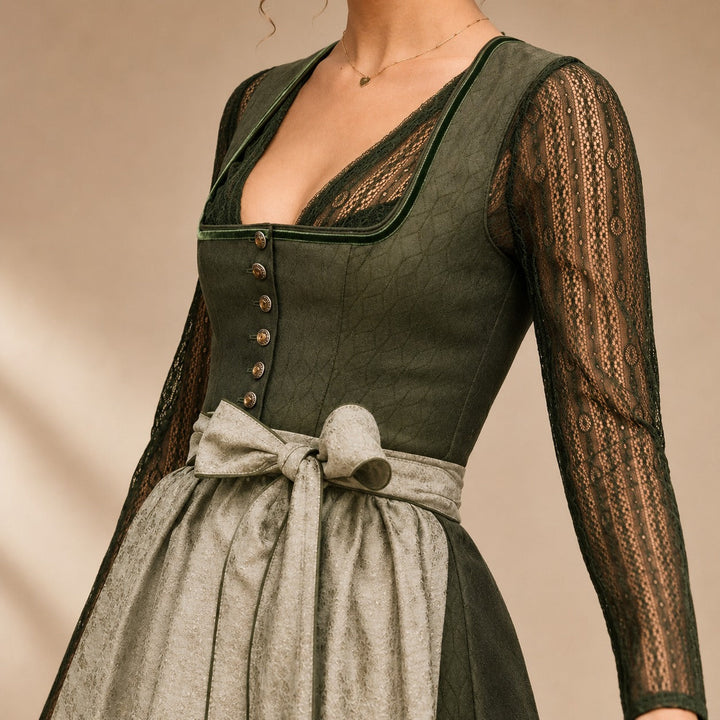 Tradycyjna sukienka Dirndl midi na Oktoberfest, z kokardą. Świetna sukienka damska na festyny i imprezy.