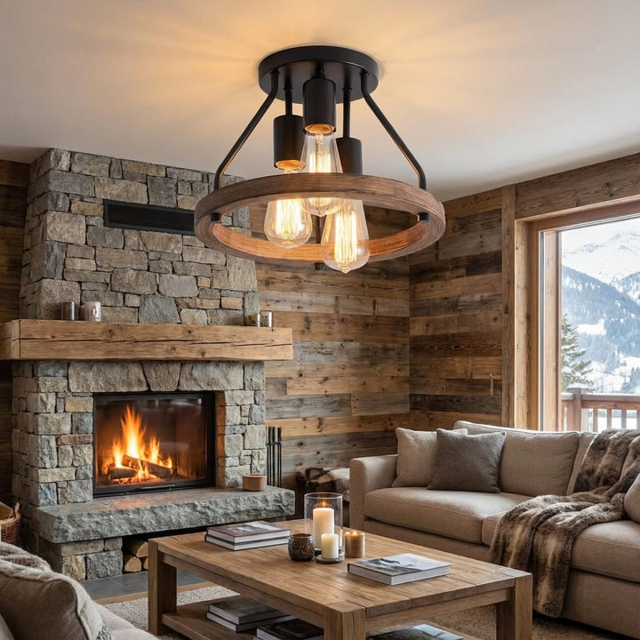 Industrialna lampa sufitowa Hearthly z drewnem i metalem, idealna do salonu w stylu loft.