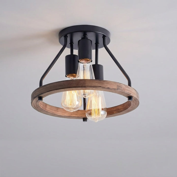 Rustykalna lampa sufitowa farmhouse, designerska, z regulowanym kloszem z drewna i metalu.