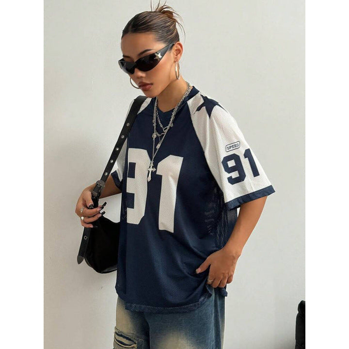 Stylowa damska koszulka sportowa Y2K oversized z nadrukiem, luźna i letnia, must-have do streetwearu.