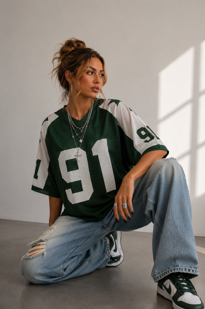 Modna damska koszulka sportowa Y2K oversized z nadrukiem, w stylu streetwear, komfortowa i luźna na lato.