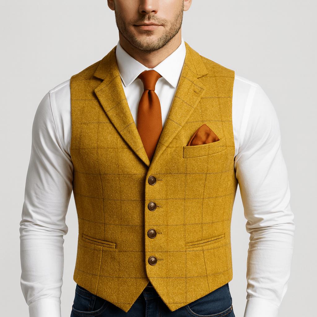 Dopasowana kamizelka męska jednorzędowa, stylizacja smart casual. Elegancka do biura lub na spotkanie.