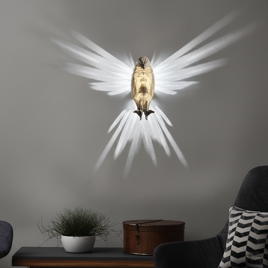 Bezprzewodowy kinkiet ścienny AeroGlow zasilany bateriami. Stylowa lampa z motywem ptaków do każdego wnętrza.