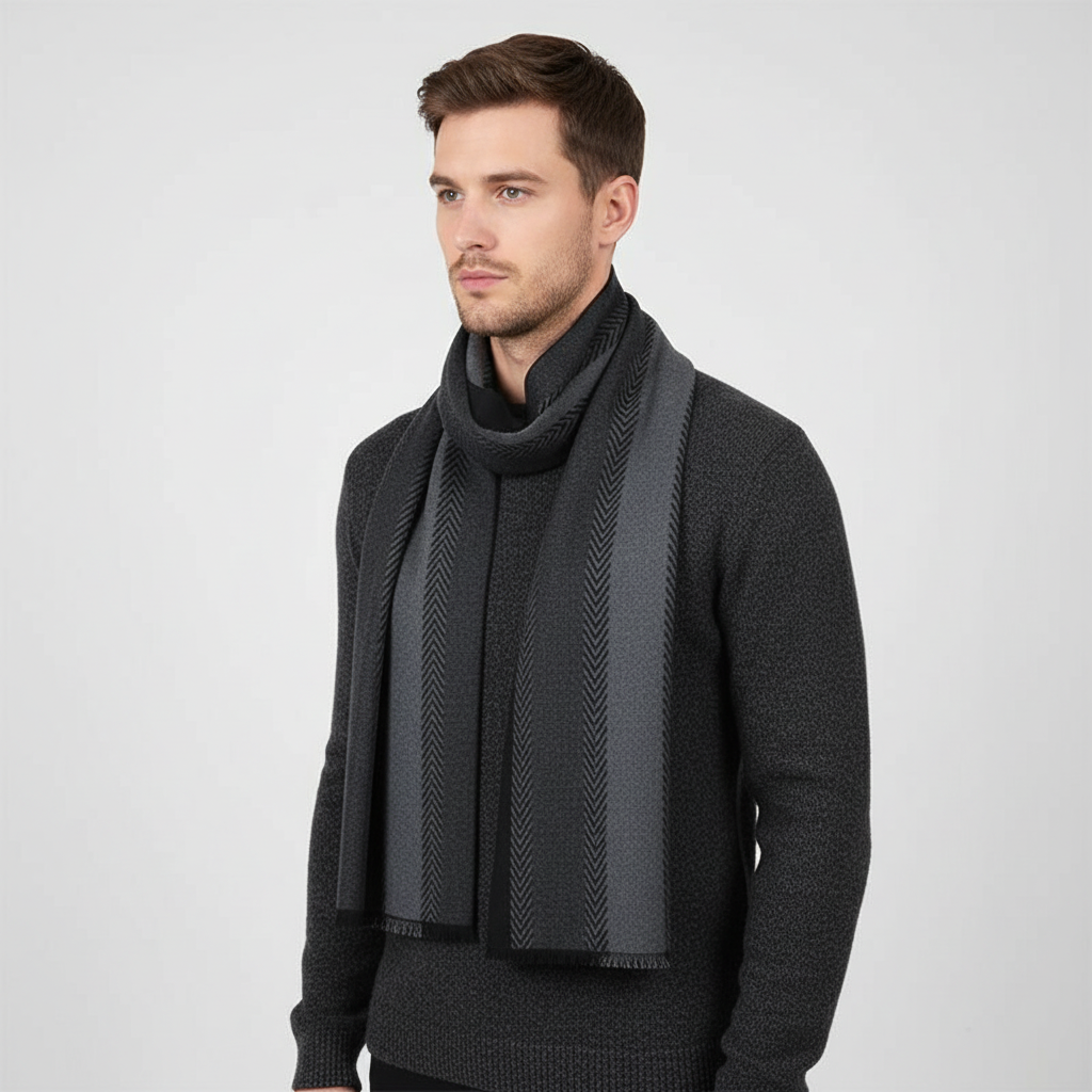 Zimowy szalik męski w kratkę, wykonany z mieszanki kaszmiru, gwarantujący elegancję i ciepło.