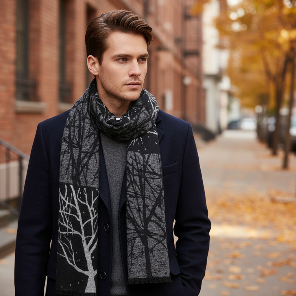 Męski szalik w kratkę, elegancki i ciepły dodatek na zimę. Idealny do płaszcza.