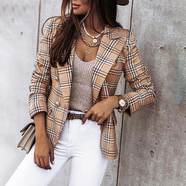 Marynarka damska casual w kratę, wiosenny elegancki blazer do modnych stylizacji.